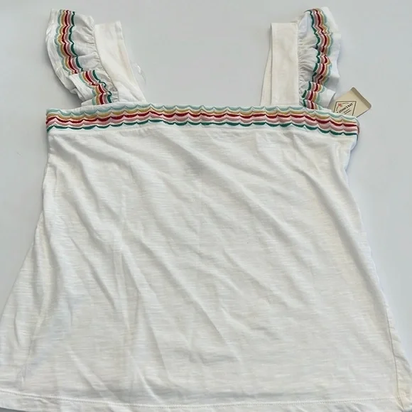 ST. John’s Bay white square neck multi- color edge ruffle sleeve tank size M NWT - Picture 2 of 12